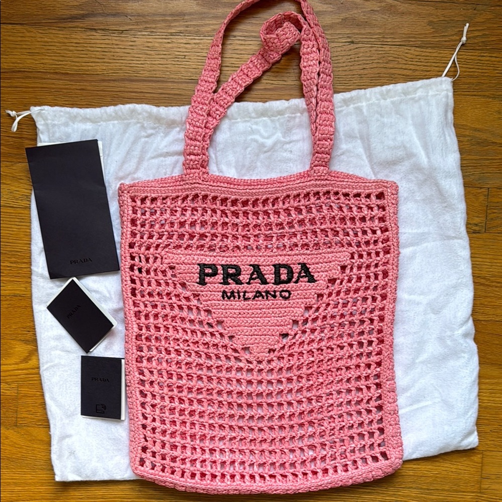 Prada Pink Crochet raffia petal Tote Bag